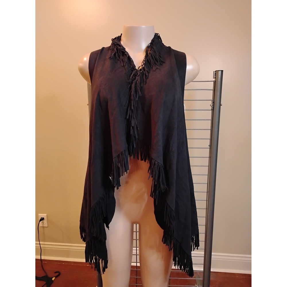 TCEC Black Faux Suede Fringe Vest Open Front Waterfall Boho CV1009 Large